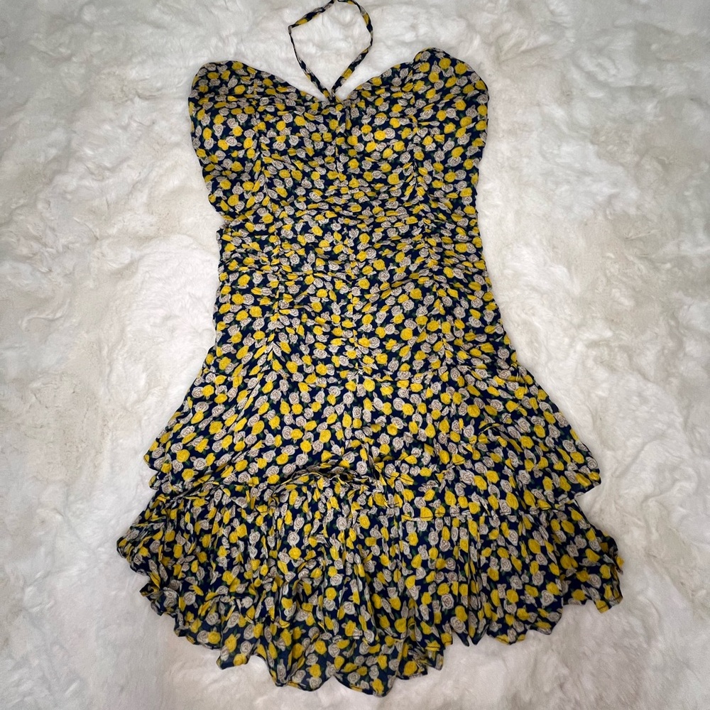 Misope Yellow Rose Ruffle Halter Mini Dress